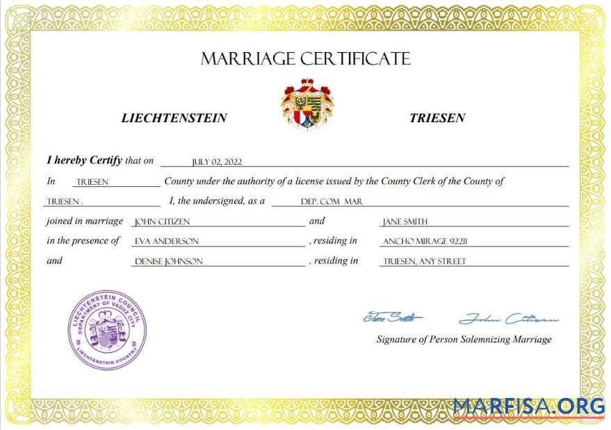 Printable Liechtenstein marriage certificate Word and PDF template